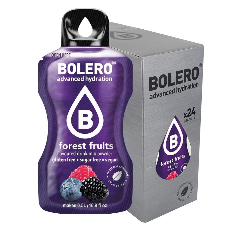 Bolero Drink 24 Sachets 3g Sticks Fruit Prepared Powder Soluble For Fresh Drink in Water Product, 72g Stevia Sweetened (Forest Fruits)