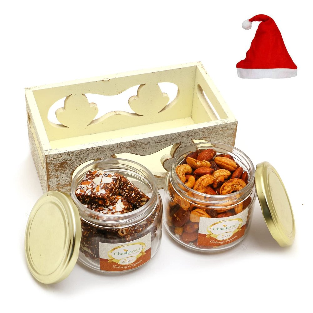 Jaiccha Ghasitaram Christmas Gifts White Wooden Tray of 2 Jars of Sugarfree Bites and Mix Dryfruits