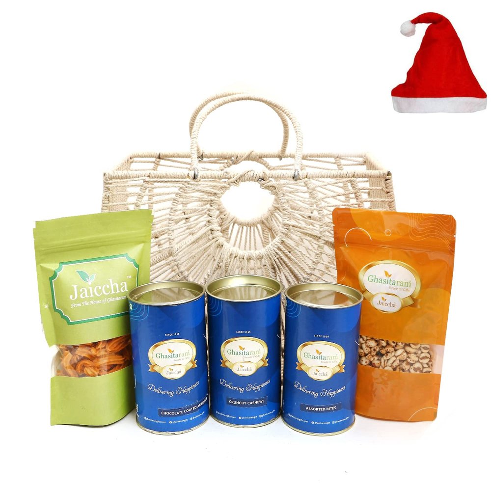 Jaiccha Ghasitaram Christmas Gifts Jute Fancy Basket/ Carry Bag/ Magazine Holder of Assorments with Assorted Bites