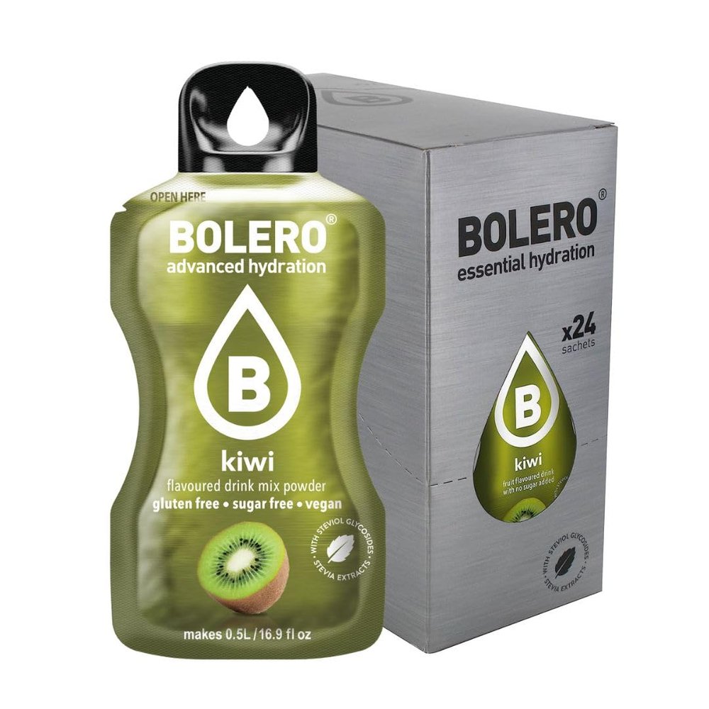 Bolero Drink 24 Sachets 3g Sticks Fruit Prepared Powder Soluble For Fresh Drink in Water Product, 72g Stevia Sweetened (Kiwi)