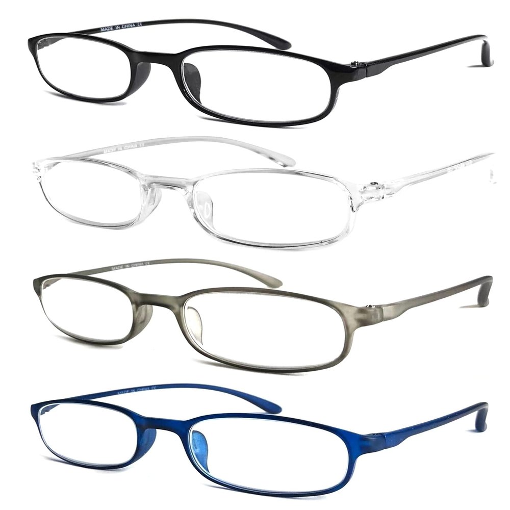 TWINKLE TWINKLE 4 Pack Unisex Small Pocket Style Plastic Reading Glasses Lightweight Easy Carry R101 (Black&Clear&Matte Grey&Matte Blue, +2.00 Magnification)