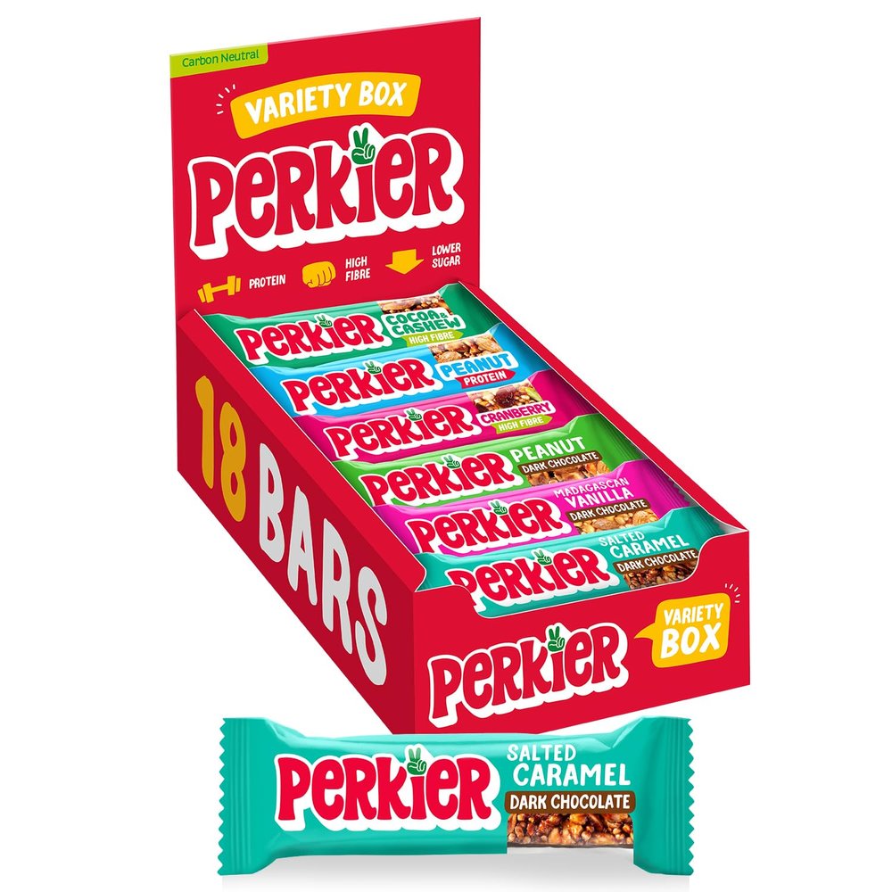 Perkier Variety Box, 18 High Fibre Bars, 6 Flavours, Vegan, Gluten Free, Protein, Lower Sugar, Office Snacks, High Fibre Snack, Natural, Lower Calorie, Healthy Nut, Cereal, Gut Health, Multipack