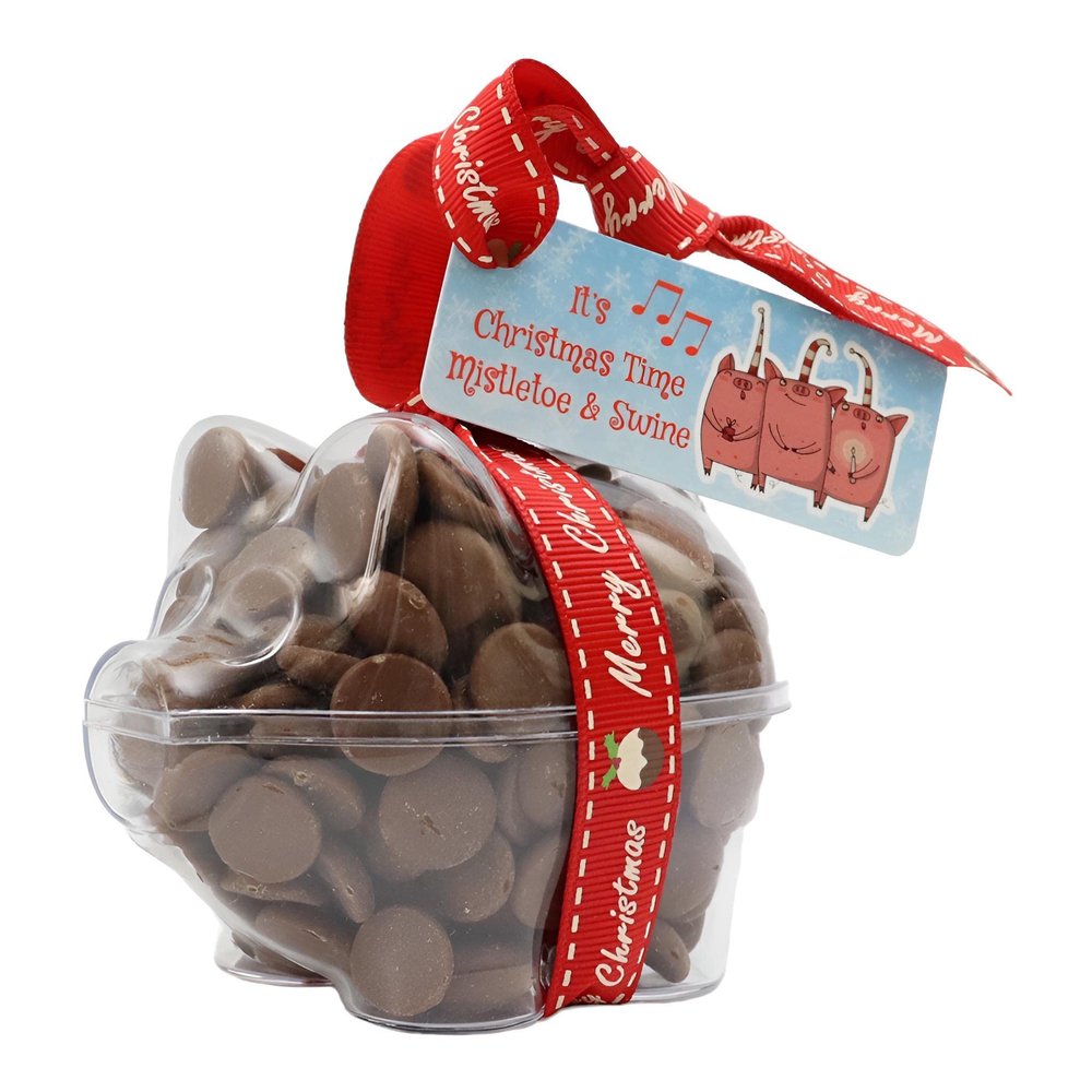 ButtonChocs Christmas Chocolate Piglet - Mistletoe & Swine. Belgian Milk Chocolate Gift for Christmas.