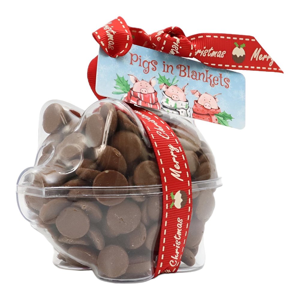 ButtonChocs Christmas Chocolate Piglet - Pigs in Blankets. Belgian Milk Chocolate Gift for Christmas.