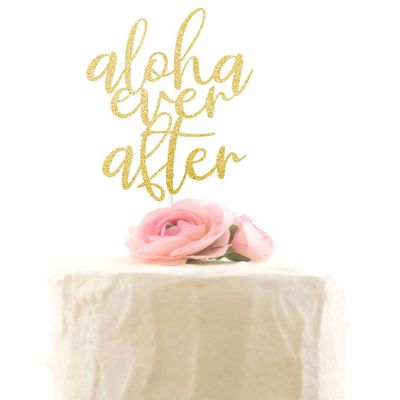 Aloha Ever after Cake Topper, Hawaiian Cake Decor for Wedding / Engagement / Bridal Shower, Rustic Party Decorations, Gold Glitter
