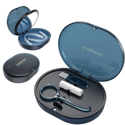 2 Pack Blue New Double-layer Aligner Case with Belt Chewing,Removal Tool,Cleaning Brush,Built in Mirror Orthodontic Case