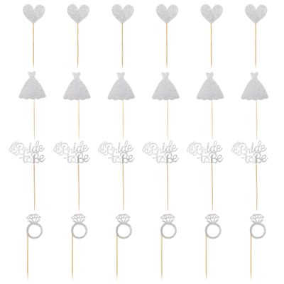 24 Pcs Glitter Bride to Be Cupcake Toppers Silver Cake Toppers Bridal Shower Cupcake Picks with Heart Ring Dress for Wedding Engagement Anniversary Party Cake Decorations