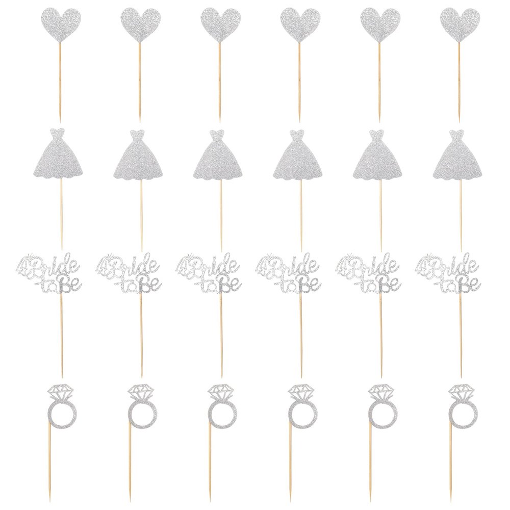 24 Pcs Glitter Bride to Be Cupcake Toppers Silver Cake Toppers Bridal Shower Cupcake Picks with Heart Ring Dress for Wedding Engagement Anniversary Party Cake Decorations