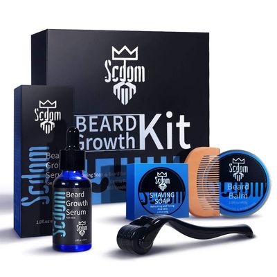 Beard Growth Kit, Scdom Grow a Kit for Men with Titanium Derma Roller + Serum Oil Balm Cleansing Soap Comb, Grooming Tool Best Gift Men/Dad, Black, 1.0 count