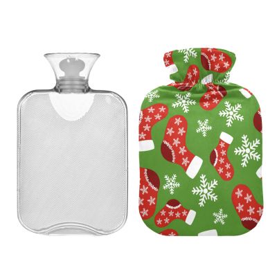 Christmas Socks Snowflakes Hot Water Bottle with Velvet Cover, 2L Transparent Hot Water Bag for Cramps, Pain Relief, Bed Warmer