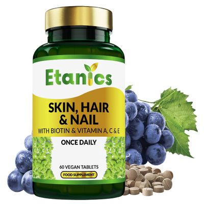 Etanics Skin, Hair & Nails with Biotin & Vitamins A, C & E  60 Tablets Beauty Supplements with Vitamin C & Biotin for Men and Women  Vegan and Vegetarian  Etanics - Made in The UK