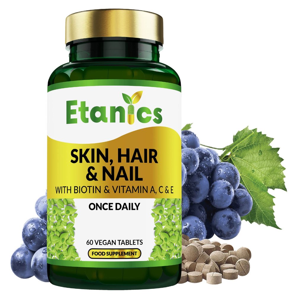 Etanics Skin, Hair & Nails with Biotin & Vitamins A, C & E 60 Tablets Beauty Supplements with Vitamin C & Biotin for Men and Women Vegan and Vegetarian Etanics - Made in The UK