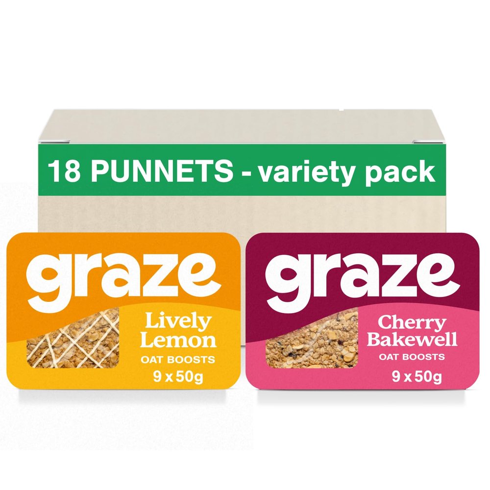 Graze - Healthy Snacks sweets oats flapjacks - Packaging may vary - (Lively Lemon & Cherry Bakewell, Total 18 trays)