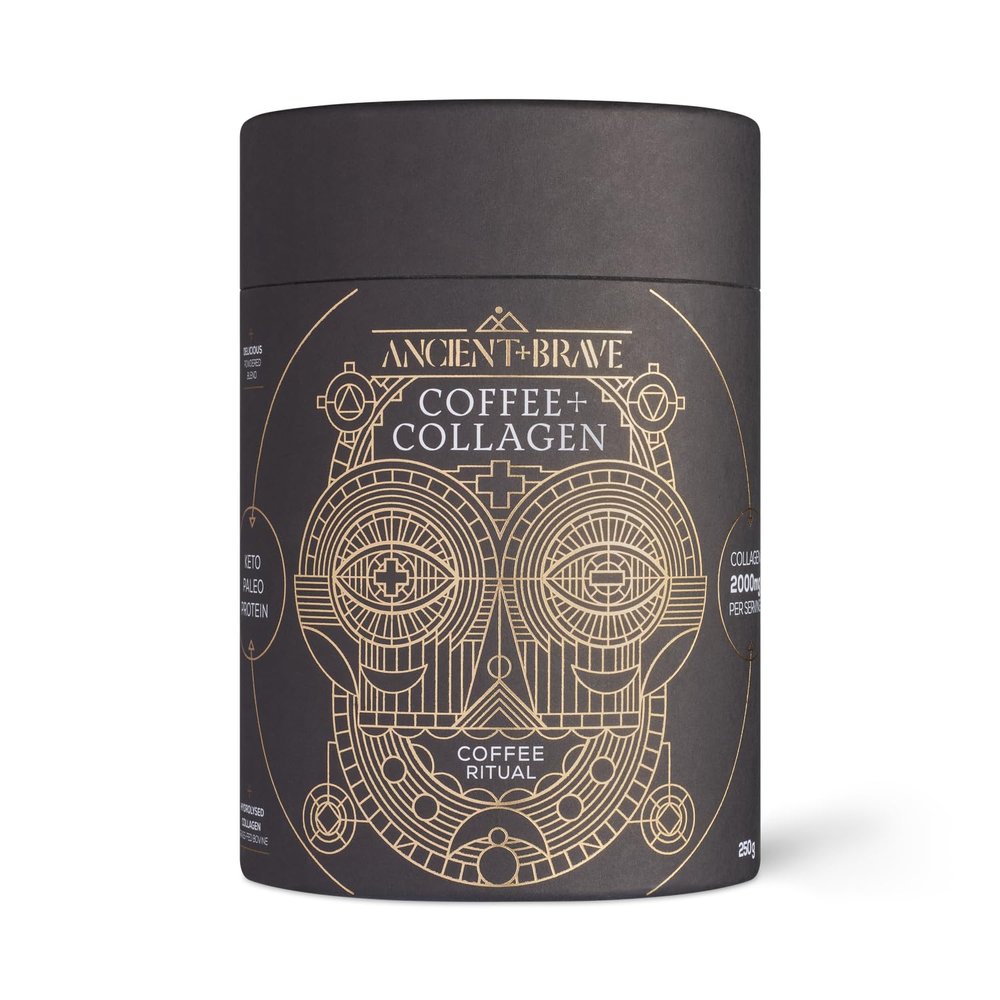 Ancient + Brave - Coffee + Collagen Powder 250g - Organic Brazilian Ground Coffee with Hydrolysed Bovine Collagen - Collagen Coffee, Premium Blend Organic Cacao - High Protein, Keto Friendly