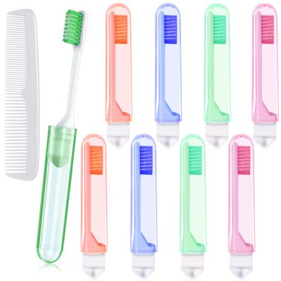 8 Pcs Travel Folding Toothbrush with Box + 1 Fine Plastic Hair Combs, Portable Size Fold Toothbrush with Soft Bristle Individually Wrapped for Camping School Home Supplies Hiking Business Trip