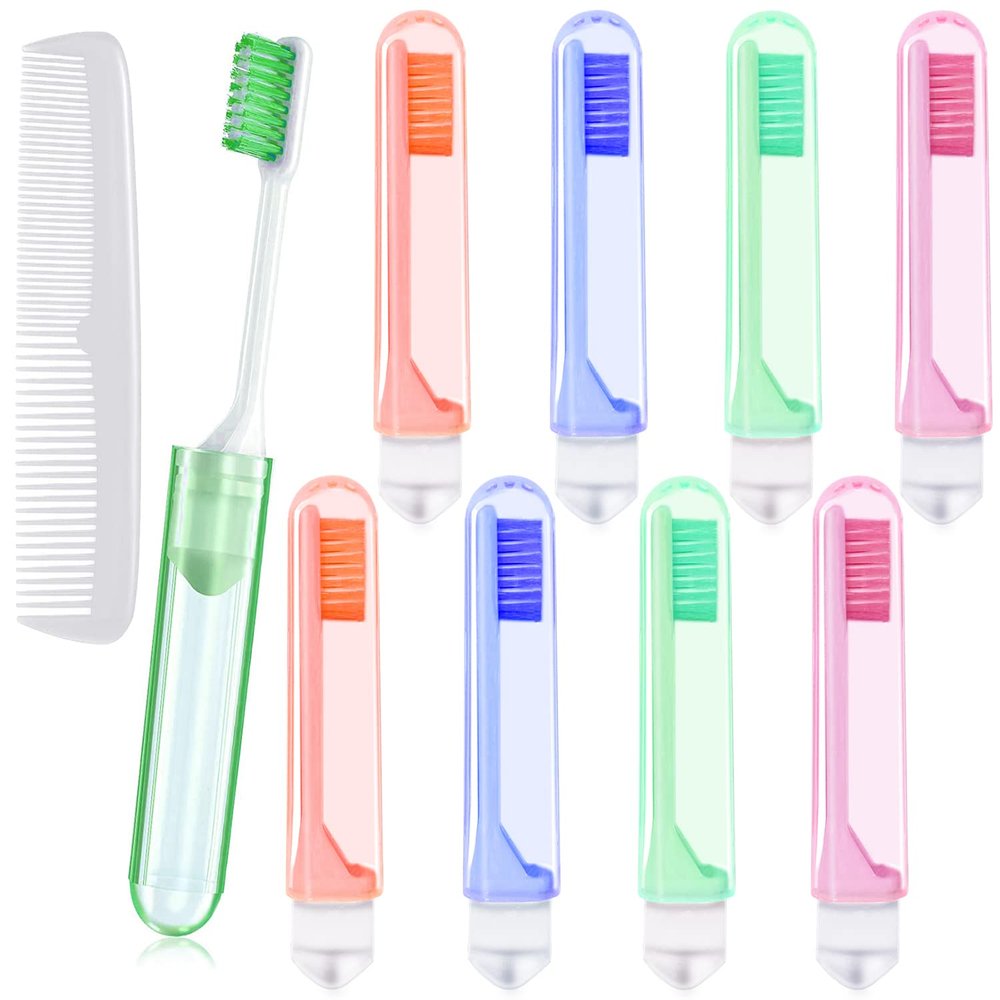 8 Pcs Travel Folding Toothbrush with Box + 1 Fine Plastic Hair Combs, Portable Size Fold Toothbrush with Soft Bristle Individually Wrapped for Camping School Home Supplies Hiking Business Trip