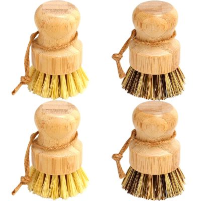 Bamboo Dish Brush Set, 4 Pcs Palm Wooden Dish Scrubber Brush, Dish Brushes, Durable Wood Dishes Scrub Brush, Natural Round Vegetable Cleaning Pots Pans Sink Washing Kitchen Brush by Aisuly