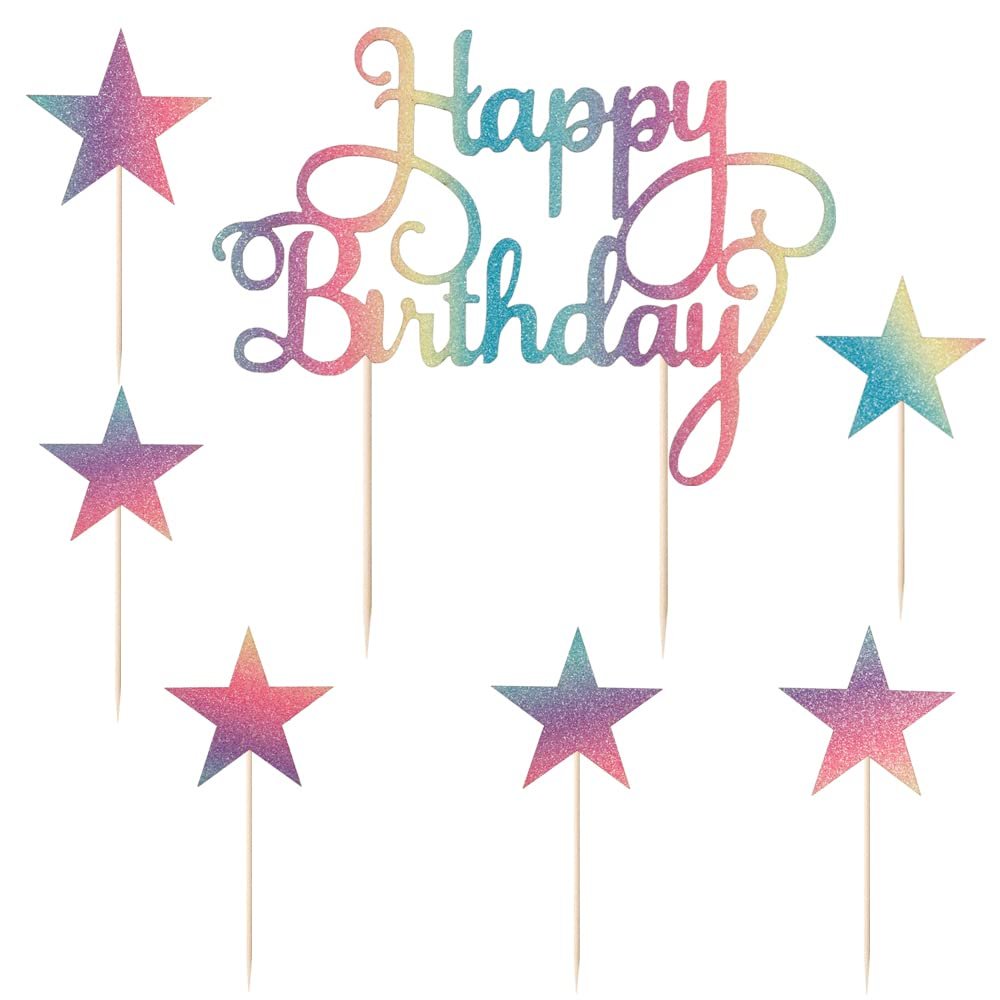 LVEUD Set of 7 pieces Color flash Happy birthday cake toppe Happy Birthday cake topper and Pentacle cake topper-Birthday cake decorations (1)