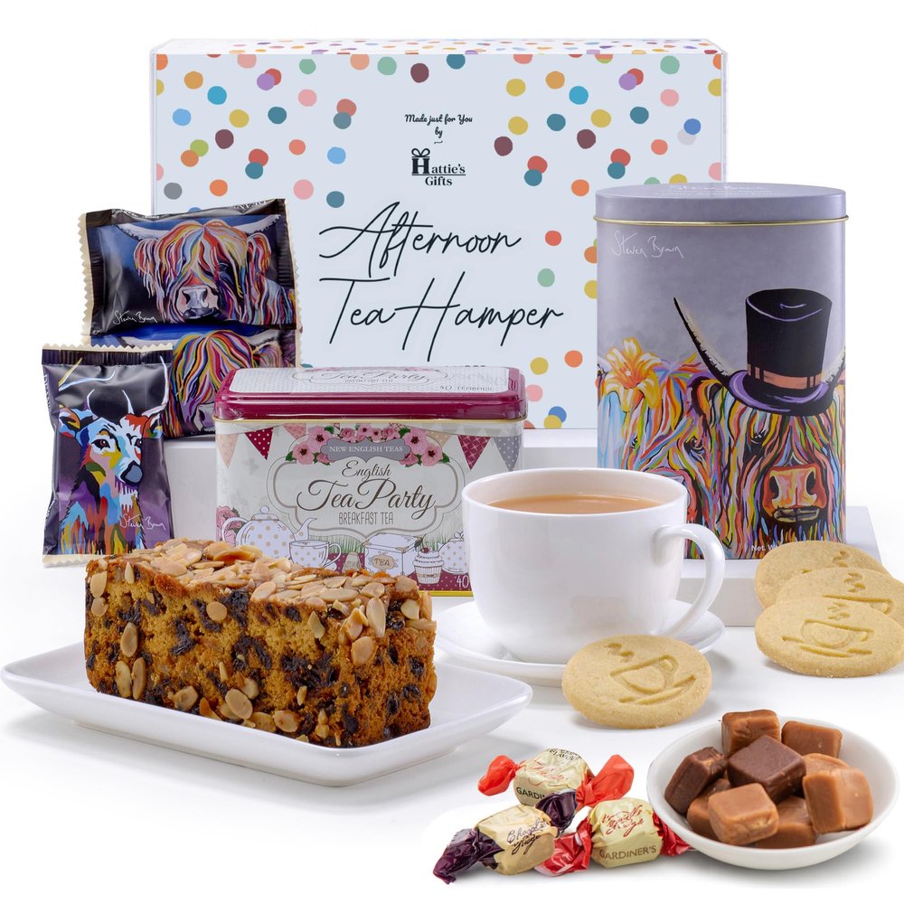 Hatties Afternoon Tea Hamper Luxury Scottish Gifts for Women & Valentines Day Gifts for Men with Shortbread, Dundee Cake & Fudge in Steven Brown Art Tin