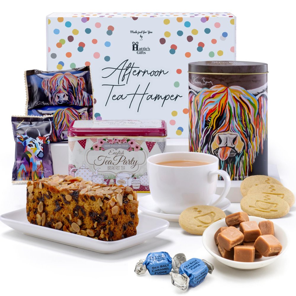 Hatties Gifts Afternoon Tea Hamper with English Teabags, Dundee Cake, Scottish Shortbread and Steven Brown Art Fudge Gourmet Biscuit Gift Set | Valentines Hamper