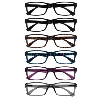 OPULIZE PEP Classic Reading Glasses for Women Men, Scratch Resistant Rectangular Frame with Spring Hinges, Black, Brown, Blue, Purple, Grey, +1.5 (Pack of 6)