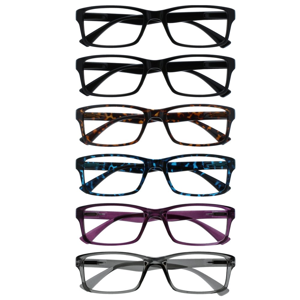 OPULIZE PEP Classic Reading Glasses for Women Men, Scratch Resistant Rectangular Frame with Spring Hinges, Black, Brown, Blue, Purple, Grey, +1.5 (Pack of 6)