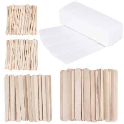 400Pcs Wax Strips Sticks Kit, BOJVESH 300 Small Medium Large Wooden Wax Applicator Sticks Eyebrow Wax Spatulas and 100 Non-Woven Paper Wax Strip for Face Body Hair Removal Women Men