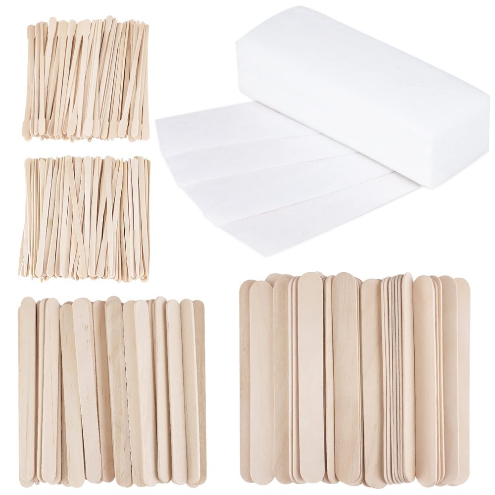 400Pcs Wax Strips Sticks Kit, BOJVESH 300 Small Medium Large Wooden Wax Applicator Sticks Eyebrow Wax Spatulas and 100 Non-Woven Paper Wax Strip for Face Body Hair Removal Women Men