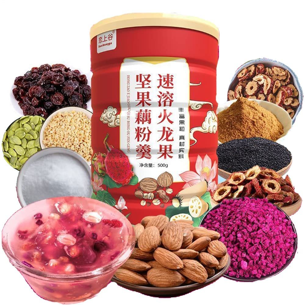 Instant Fruits Breakfast Porridge, Sweet Scented Chia Seed nut Lotus Root Starch Soup 500g / can, Meal Substitute Powder (Dragon Fruit Nut Lotus Root Starch Soup,1 can)