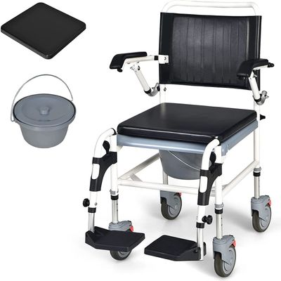 Commode Wheelchair, Height Adjustable Toilet Shower Chair with Removable Bucket, Flip-up Footrest and Sponge Cushion, for Elderdisabilities