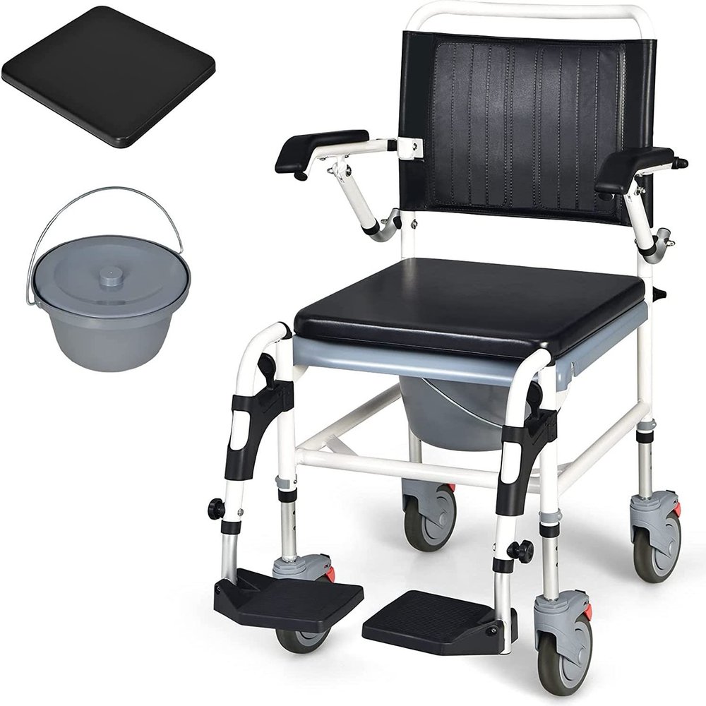 Commode Wheelchair, Height Adjustable Toilet Shower Chair with Removable Bucket, Flip-up Footrest and Sponge Cushion, for Elderdisabilities