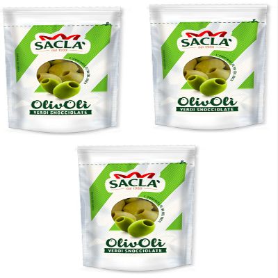 3 x Sacl OlivOli Olive Verdi Snocciolate Cored Green Olives Ideal for aperitifs, salads and for enriching your dishes, 185 g bag (85 g dripped)