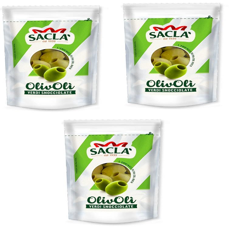 3 x Sacl OlivOli Olive Verdi Snocciolate Cored Green Olives Ideal for aperitifs, salads and for enriching your dishes, 185 g bag (85 g dripped)