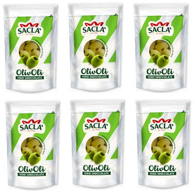 6 x Sacl OlivOli Olive Verdi Snocciolate Cored Green Olives Ideal for aperitifs, salads and for enriching your dishes, 185 g bag (85 g dripped)