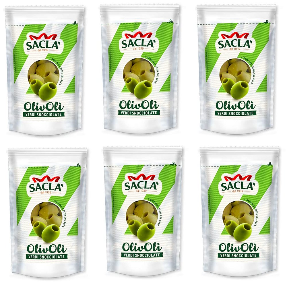 6 x Sacl OlivOli Olive Verdi Snocciolate Cored Green Olives Ideal for aperitifs, salads and for enriching your dishes, 185 g bag (85 g dripped)