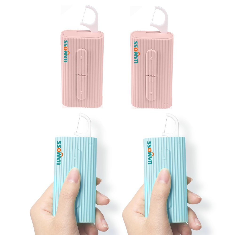Dental Floss Picks Portable Case-LIAMOSS Travel Dental Floss Dispenser,Portable Flosser Case,4 Box Toothpicks Sticks 140 Count(Blue+Pink) for Adults Teeth Cleaning,Flosser Container,Soft on Gum