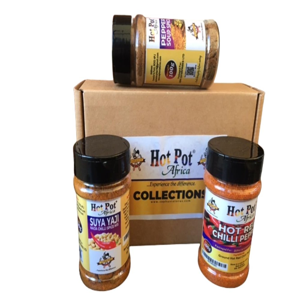 Hot Pot Africa Spice Set- BBQ Gift Box| 3 Unique Pepper Spice Gift Set Box - Suya BBQ Spice Rub | Hot Red Chilli Seasoning | Pepper Soup Spice Mix for cooking | Food Cooking Gifts| Natural Ingredients