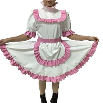 Adult Sexy Lockable Cross Dressing Sissy Maid PVC Dress Lockable Uniform Apron Costume Jumpsuits Rompers,White,XXXL