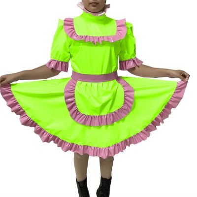 Adult Sexy Lockable Cross Dressing Sissy Maid PVC Dress Lockable Uniform Apron Costume Jumpsuits Rompers,Fluorescence Green,XXXL