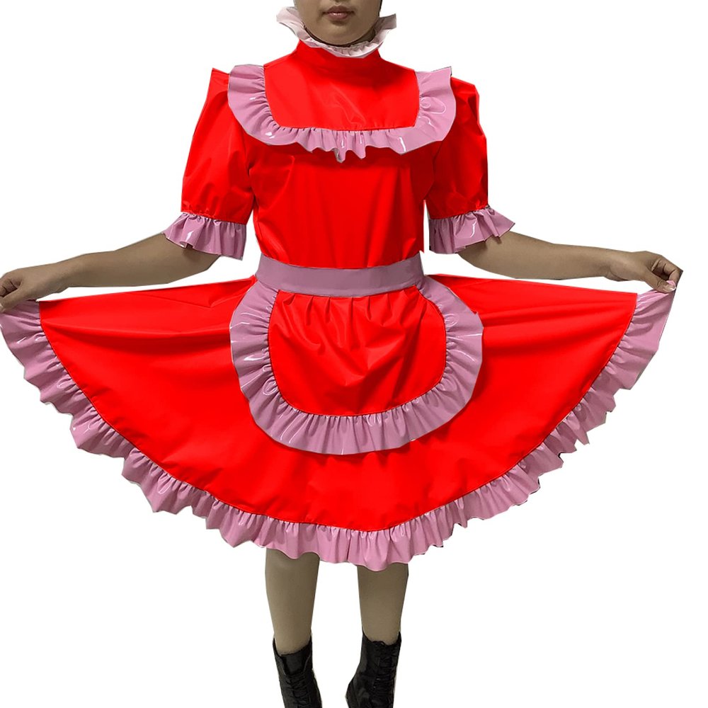 Adult Sexy Lockable Cross Dressing Sissy Maid PVC Dress Lockable Uniform Apron Costume Jumpsuits Rompers,Red,XXXL