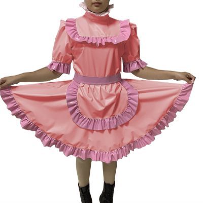Adult Sexy Lockable Cross Dressing Sissy Maid PVC Dress Lockable Uniform Apron Costume Jumpsuits Rompers,Lotus Root Pink,L