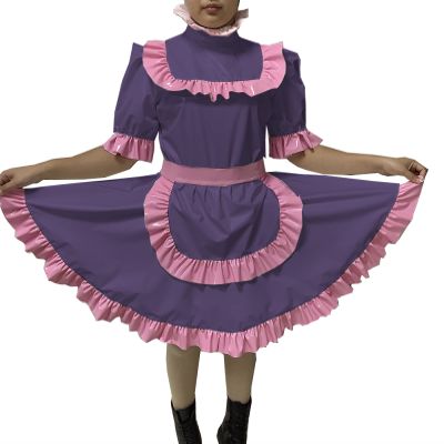 Adult Sexy Lockable Cross Dressing Sissy Maid PVC Dress Lockable Uniform Apron Costume Jumpsuits Rompers,Dark Purple,4XL