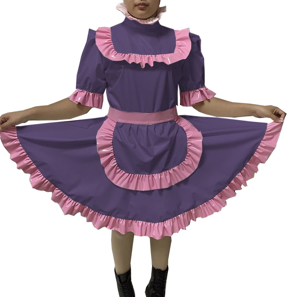 Adult Sexy Lockable Cross Dressing Sissy Maid PVC Dress Lockable Uniform Apron Costume Jumpsuits Rompers,Dark Purple,4XL