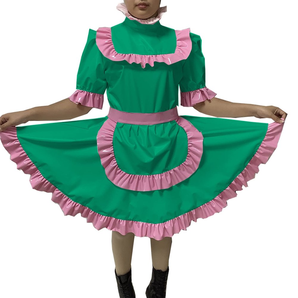 Adult Sexy Lockable Cross Dressing Sissy Maid PVC Dress Lockable Uniform Apron Costume Jumpsuits Rompers,Peacock Green,7XL