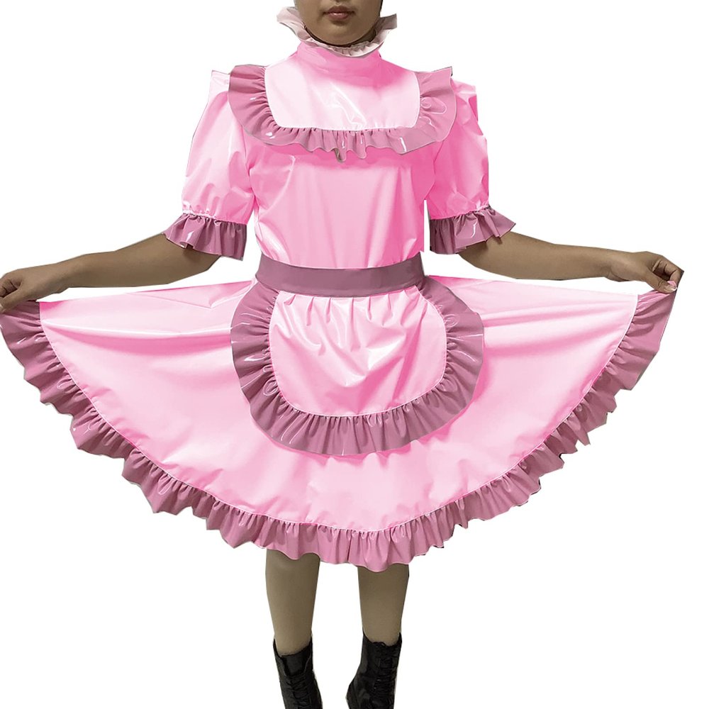 Adult Sexy Lockable Cross Dressing Sissy Maid PVC Dress Lockable Uniform Apron Costume Jumpsuits Rompers,Sky Blue,4XL