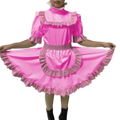 Adult Sexy Lockable Cross Dressing Sissy Maid PVC Dress Lockable Uniform Apron Costume Jumpsuits Rompers,Pink,XXXL
