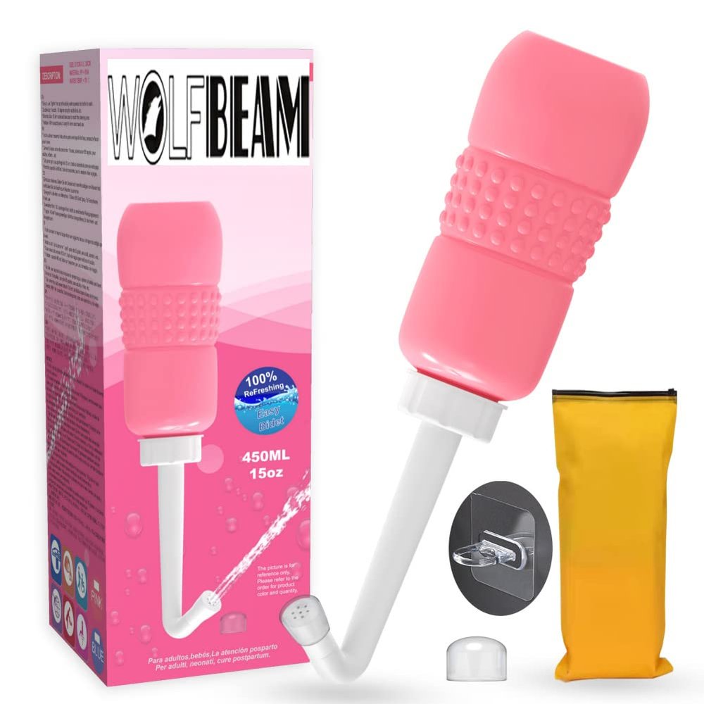 Wolfbeam Portable Hand-held Vulva and Anus Cleaner and Personal Health Vaginal Washing Container, Travel Urinal Spray Scrubber for Personal Hygiene (Pink, 450ml)