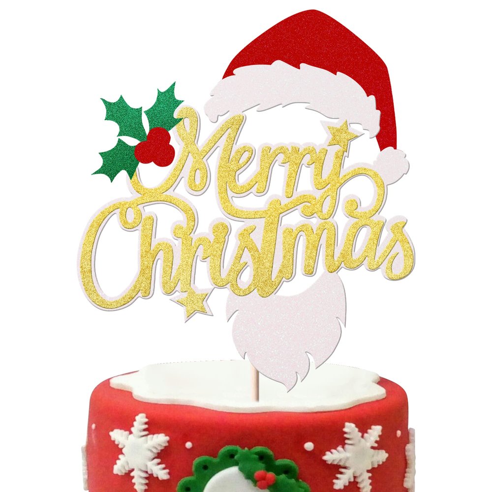 Rsstarxi 1 Pack Merry Christmas Cake Topper Glitter Holly Leaves and Berries Cake Pick Santa Hat Beard Cake Decorations for Christmas Theme Happy New Year Kids Birthday Party Supplies Gold