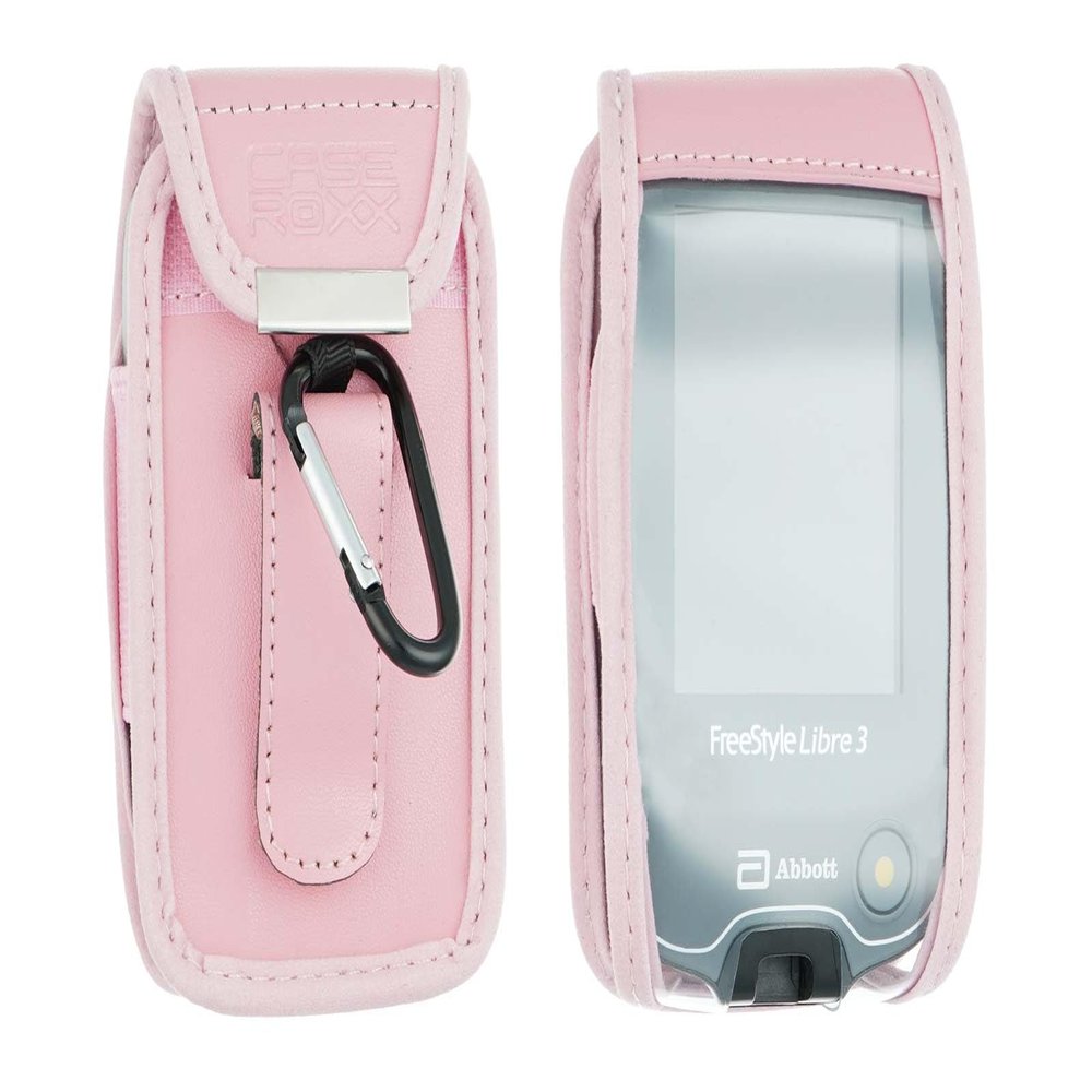 caseroxx Leather-Case with belt clip compatible with Freestyle Libre 1/2 / 3 / Insulinx / 14 Day made from genuine leather, Pouch with belt clip and viewing window in pink