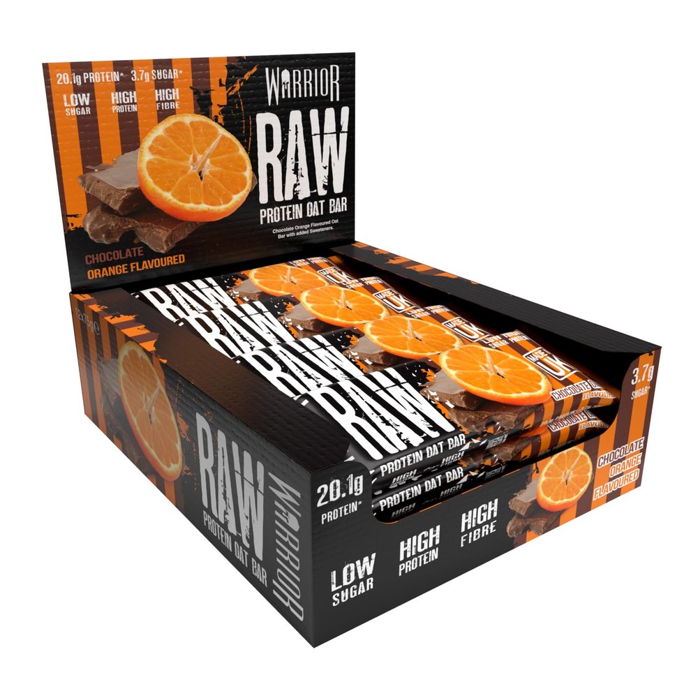 Warrior Raw Protein Bars  20g Protein Per Bar  High Protein Snack Bars Multipack (12 or 24 Bars, 75g Each)  Low Sugar, High Fibre Breakfast & Meal Replacement Bar  Chocolate Orange Flapjack